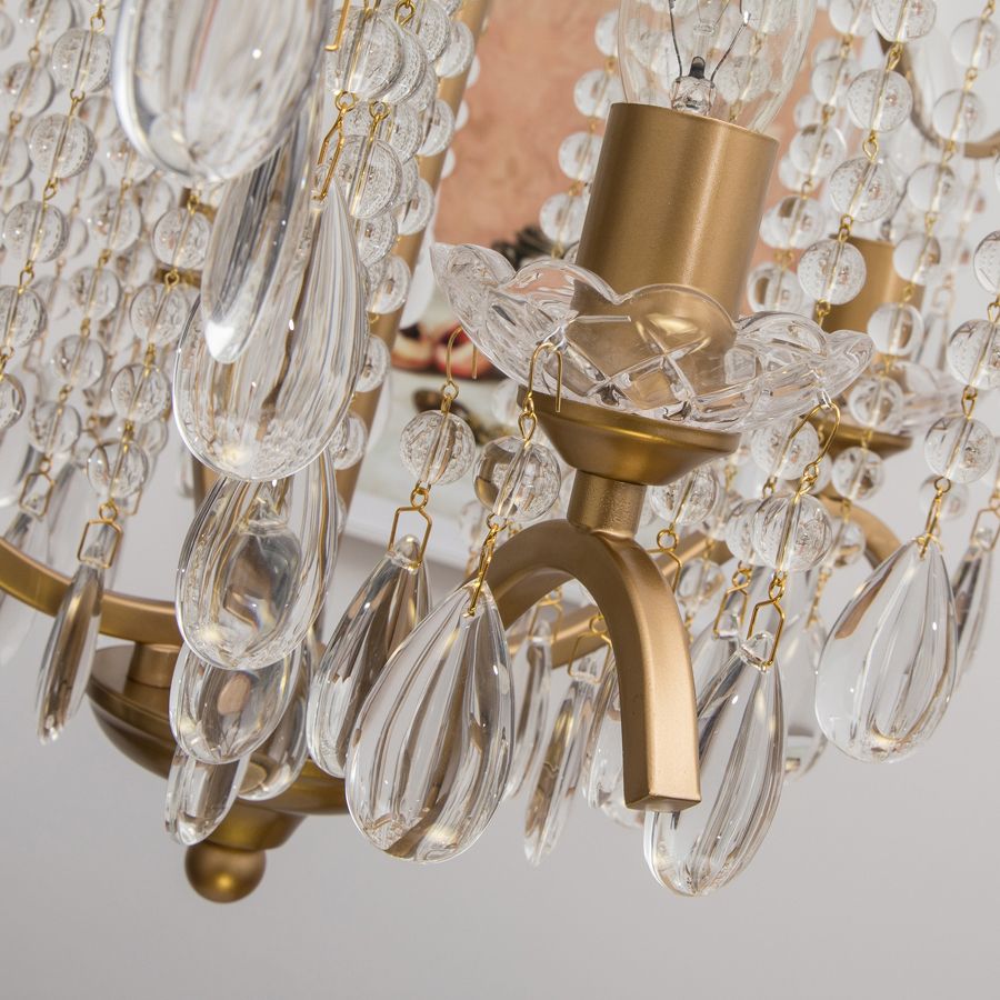 Retro Candlestick Chandelier 6 Heads Iron Hanging Lamp in Gold with Crystal Decoration