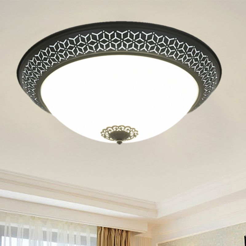 LED Semi-Globe Ceiling Lighting Minimalism Black Opaline Glass Flush Mount with Floral Finial for Bedroom