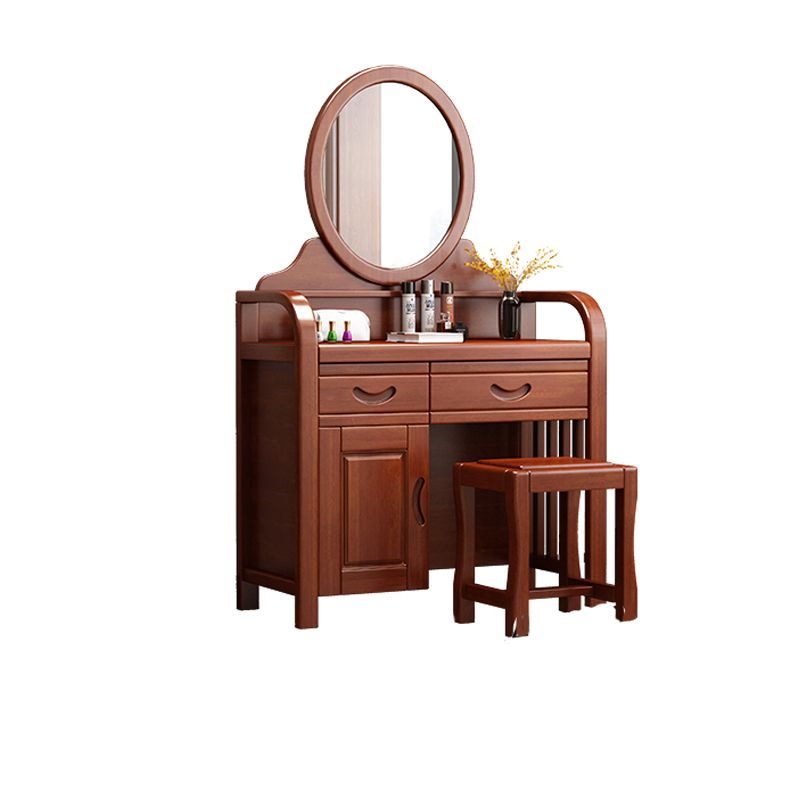 Traditional 2-Drawer Solid Wood Dressing Table with Mirror Makeup Vanity Stool