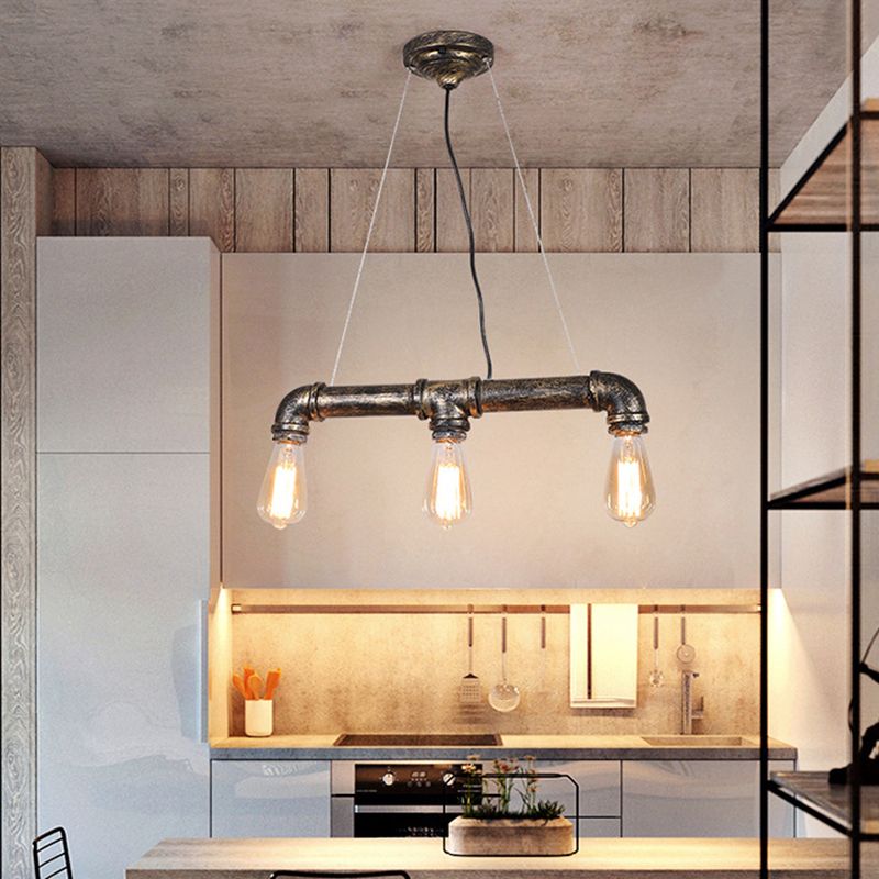 Steampunk Water Pipe Island Light Wrought Iron Suspended Lighting Fixture in Bronze