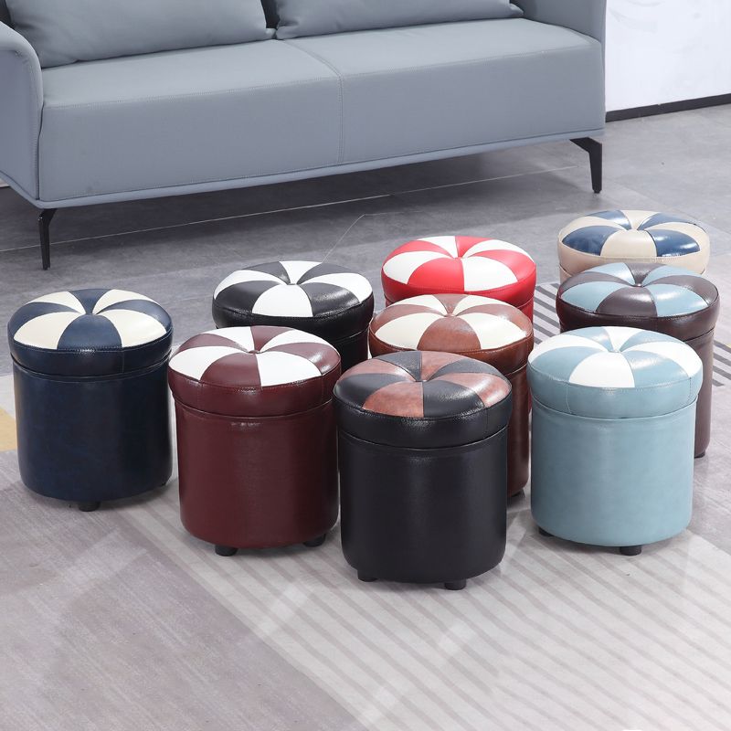 Modern Pouf Ottoman Faux Leather Tufted Geometric Printed Cylinder Shape Ottoman
