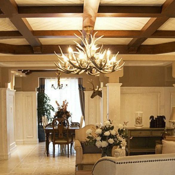 Village Candelabra Hanging Pendant 12 Lights Resin Ceiling Chandelier with Antler in Brown for Living Room