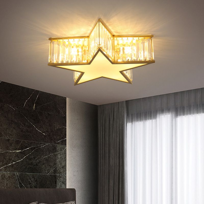 Lustre en cuivre et or style colonial Vintage Crystal Star 4 lumières encastré chambre à coucher