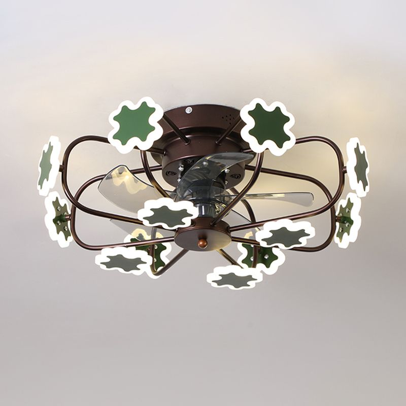 Cage de fleur LED Semi Flush Plafond ventilateur macaron fer 5-lame 23,5 "W chambre semi-flustion Mount Lumière avec décoration croix en gris / blanc / café