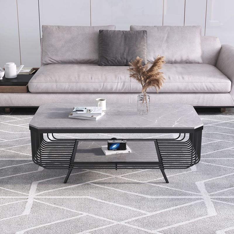 17.7" H Glam Rectangle Slate Coffee Table Iron 4 Legs Cocktail Table with Shelf
