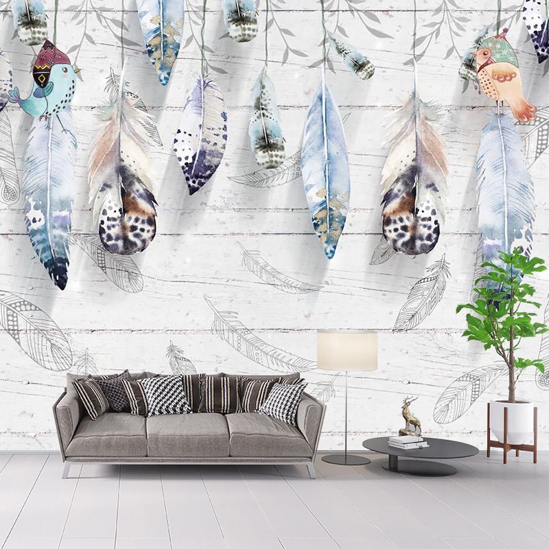 Modernist Feathers Mural Decal Grey Barn Wood Wall Covering for Living Room, Water-Proof