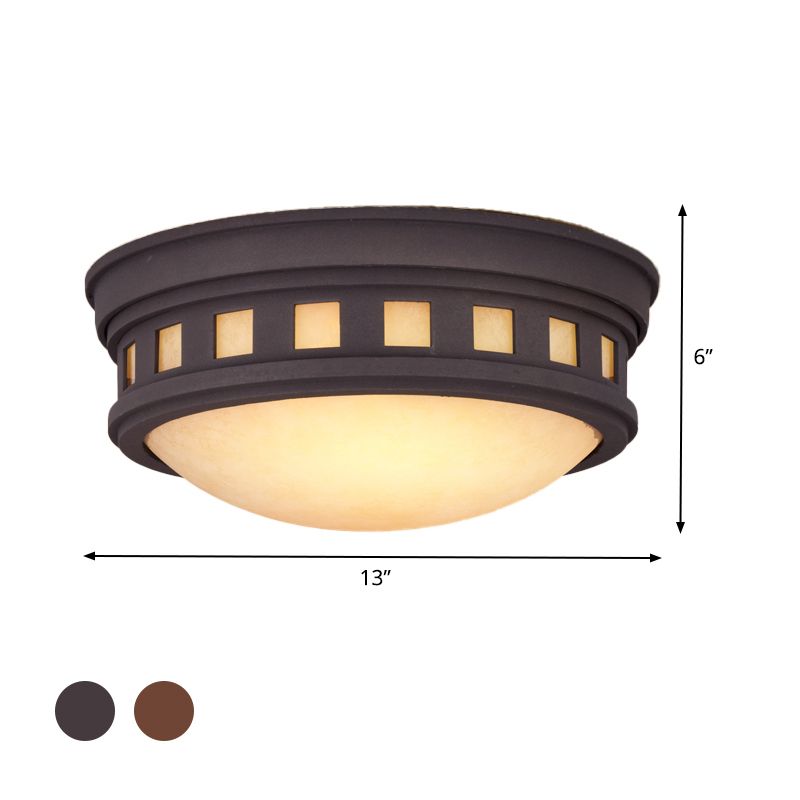 Drum Ceiling Flush Light Rustic Style Metal and Opal Glass Bronze/Gold Outdoor Flush Mount Light for Porch
