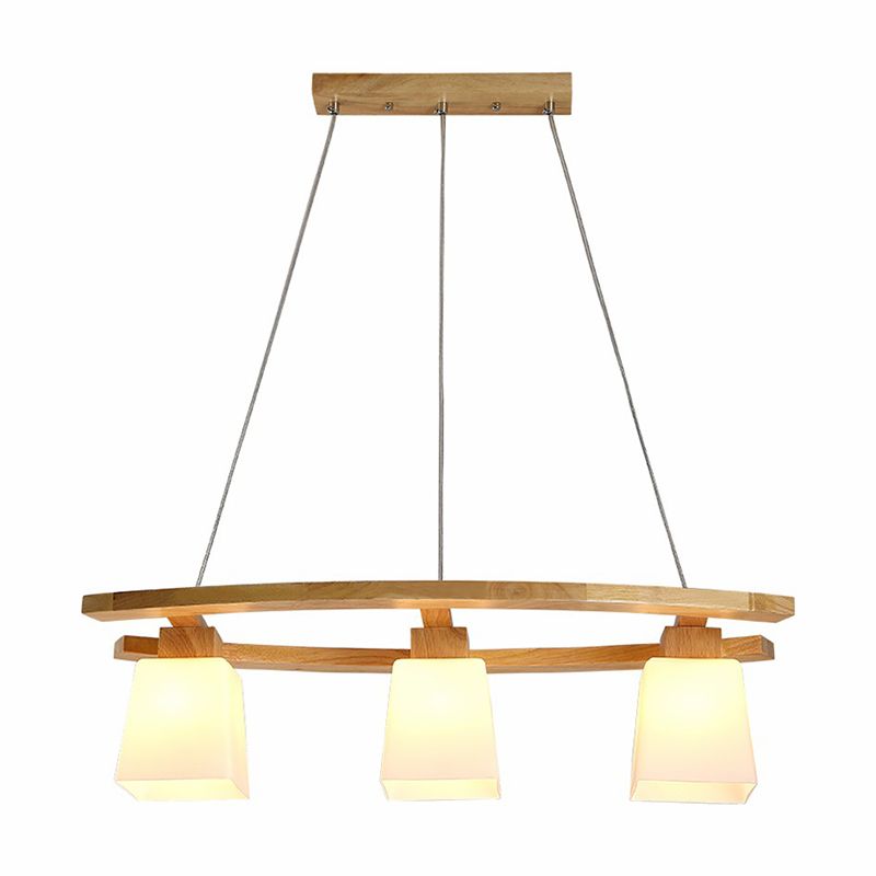 3 Lights Dining Room Ceiling Light Nordic Wood Island Pendant with Trapezoid White Glass Shade