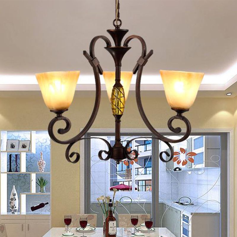 Bell Beige Frosted Glass Chandelier Light Traditional 3 Lights Dining Room Pendant Lighting in Rust