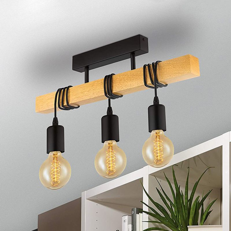 3-Light Bare Bulb Ceiling Fixture Industrial Wooden Semi Flush Mount Light for Kitchen