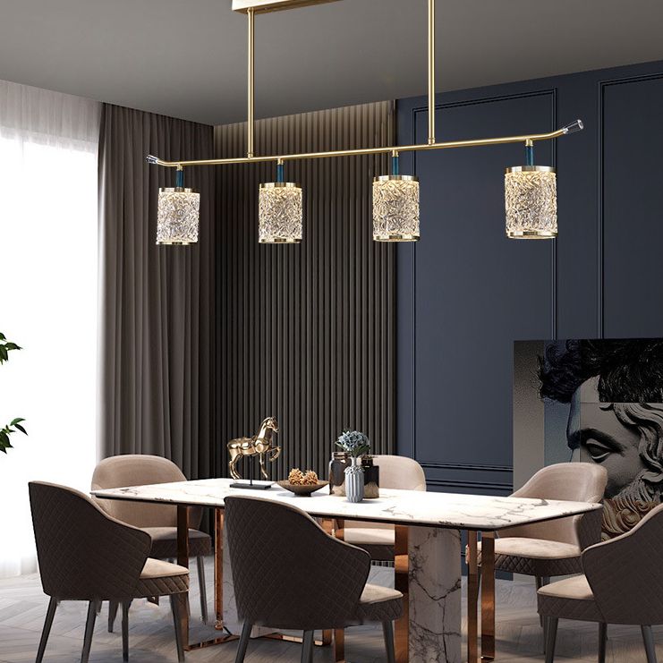 Diner Chandelier Modern Brass Pendant Light with Cylindrical Rippled Glass Shade