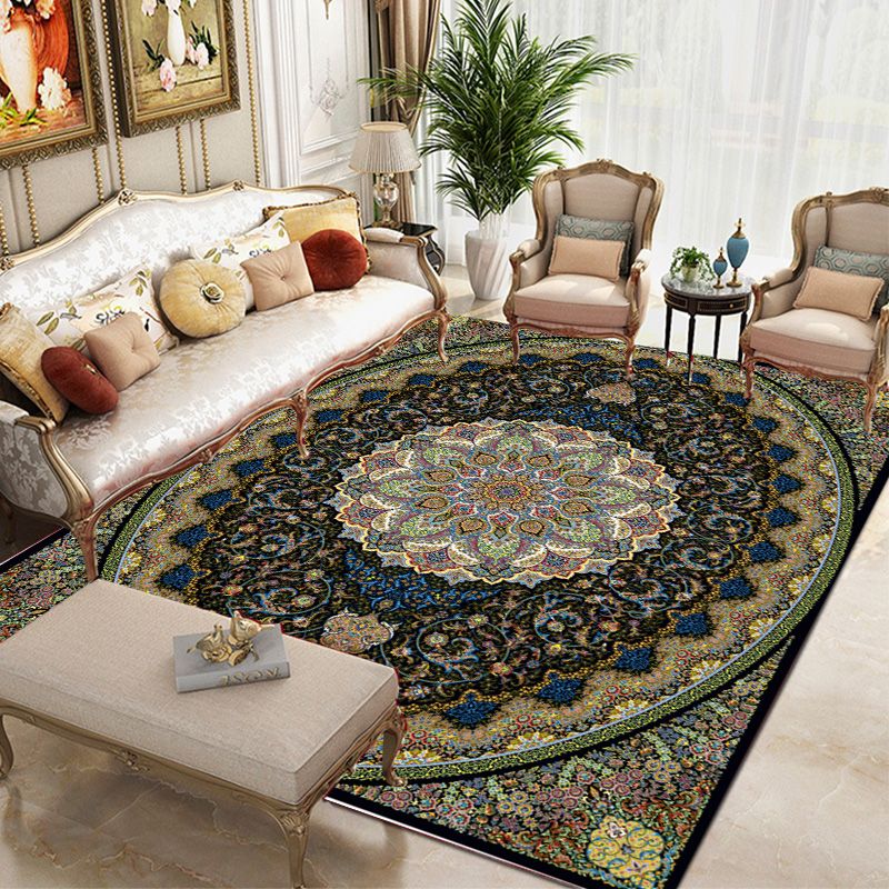 Tapis traditionnel vert Médaillon Médaillon Tapis lavable pour le salon