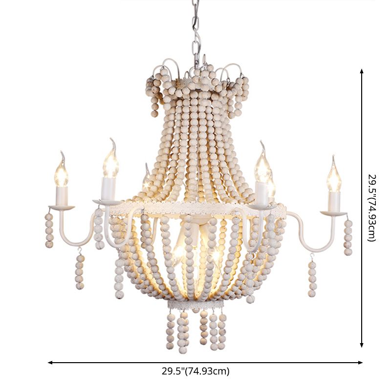 Distressed White Beaded Chandelier Country Style Wooden Living Room Pendant Light