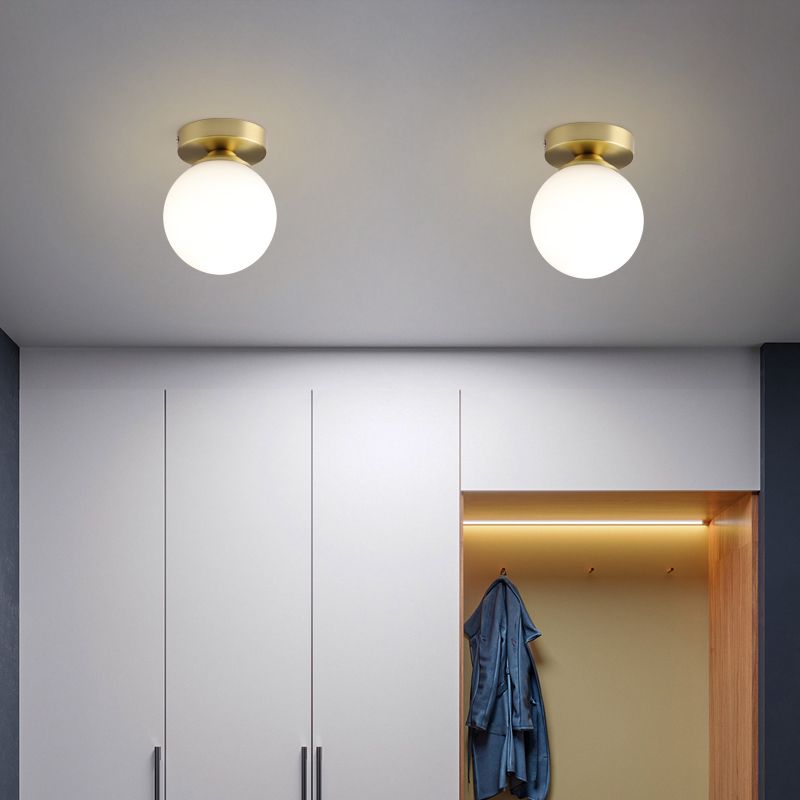 Modern Concise Flush Mount Copper Globe Ceiling Light with White Glass Shade