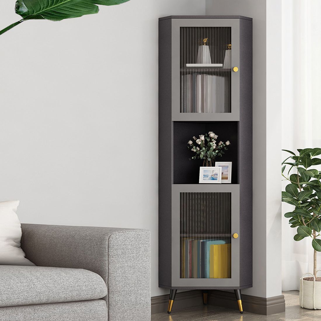 Modern Accent Cabinet with 2 Glass Doors and Storage Shelf Cabinet