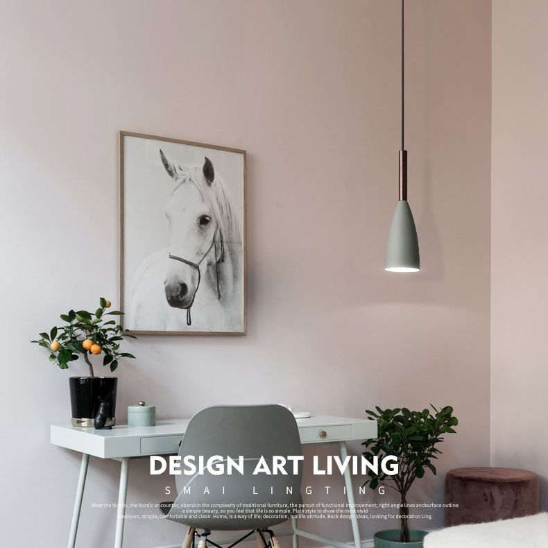 Modern Concise Macaron Pendant Light Wooden Cone Hanging Lamp with Wrought Iron Shade