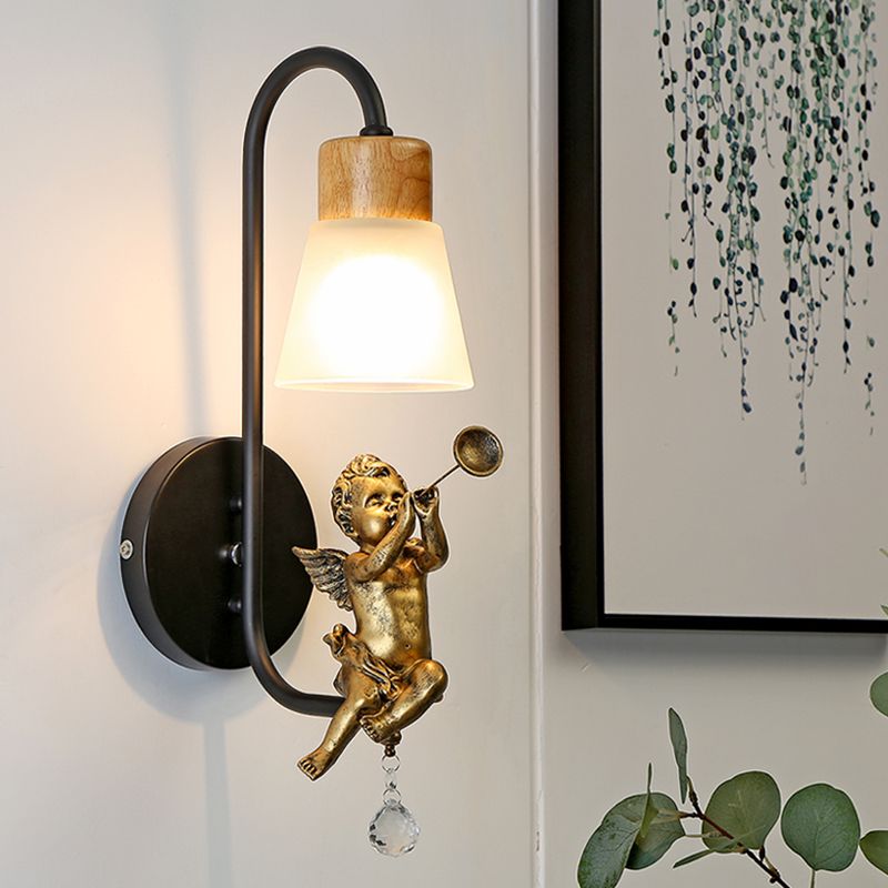 Modern Kids Wood Wall Sconce Geometric Shape Metal Wall Light with Glass Shade for Bedroom