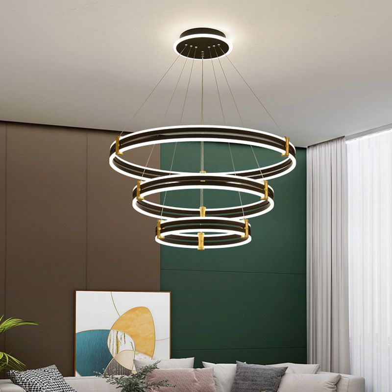Black Tiered Round Chandelier Minimalist Acrylic LED Suspension Light for Living Room
