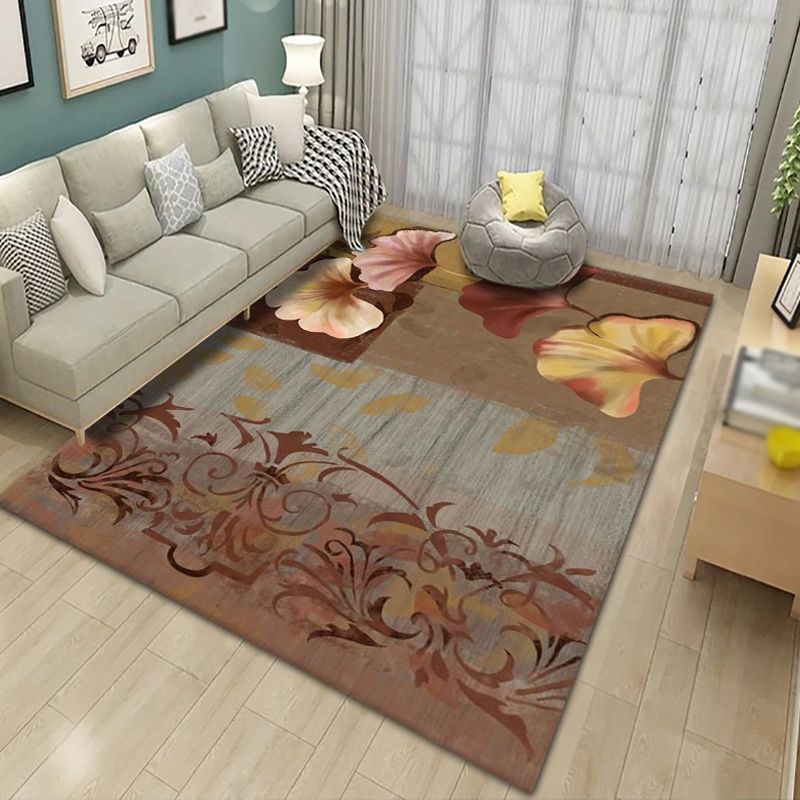 Black Plant Pattern Rug Modern Polyester Area Carpet Stain Resistant Area Rug for Home Decor