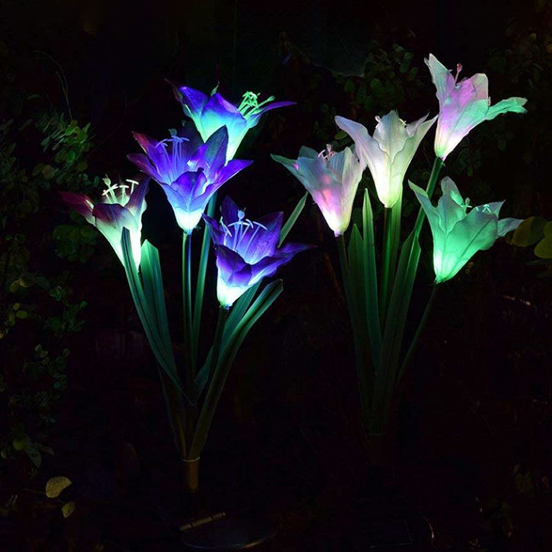 4-Bulb Lawn Ground Light Modern White/Purple/Red Solar LED Path Lamp with Artificial Lily Fabric Shade, 2 Packs
