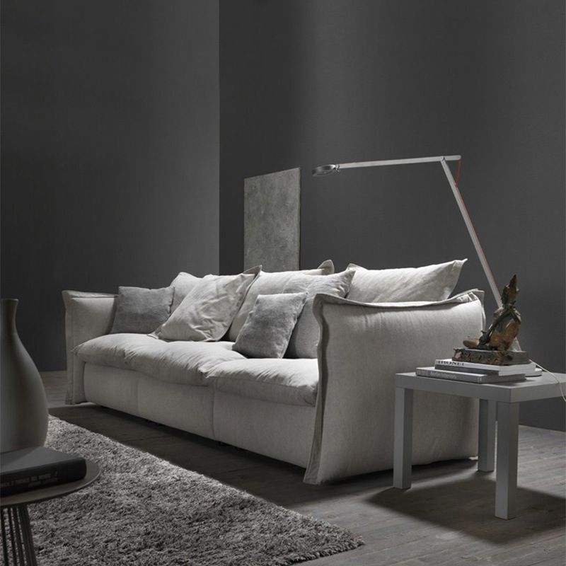 3-seater Linen Slipcovered Sofa Round Arm Sofa with 4 Pillows