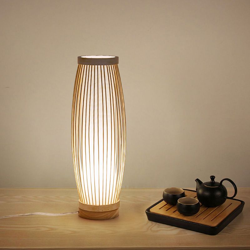 Lampada da tavolo notturno oblungo in legno Luce da scrivania in bambù singolo con sfumatura in tessuto cilindro per camera da letto