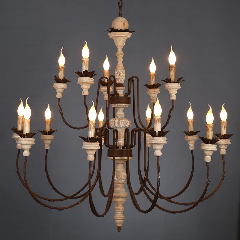 Rustic Candlestick Pendant Light Fixture Wooden Chandelier in Distressed White