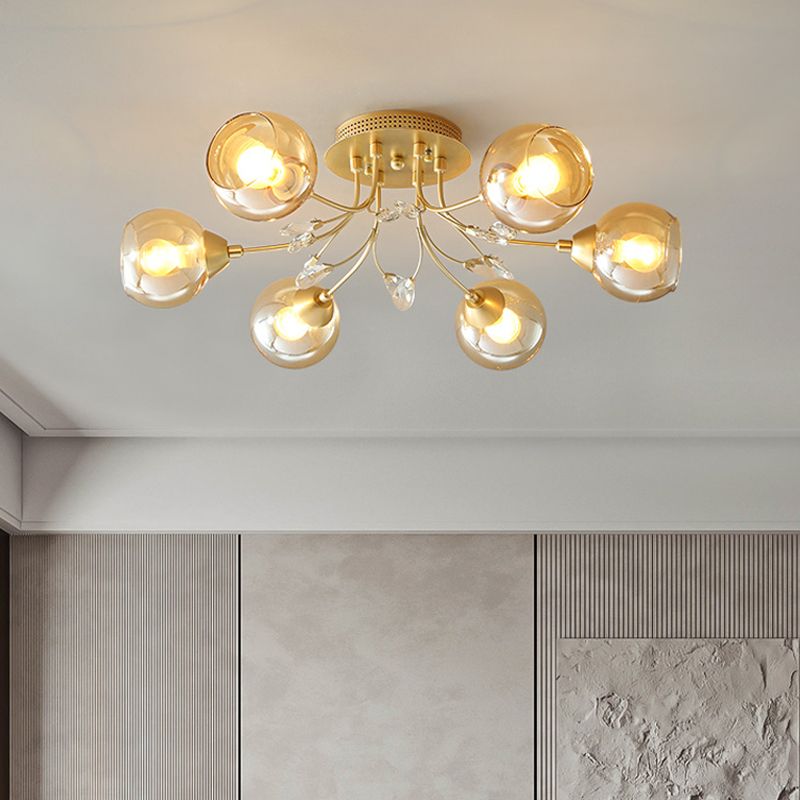 Amber Glass Ball Ceiling Flush Mount Modernist 6 Bulbs Gold Semi Flush Light with Teardrop Beveled Crystal Deco