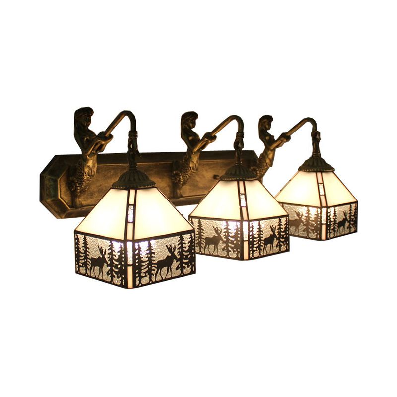 Lodge Style Deer Wall Lighting with Mermaid Beige Glass 3 Heads Sconce Light for Bathroom