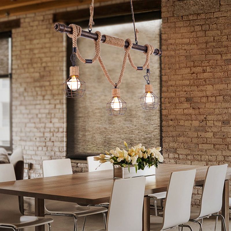 3 Iluminación de la isla Head Island Vintage Globe Cage Metal and Rope Luz colgante en beige para el comedor