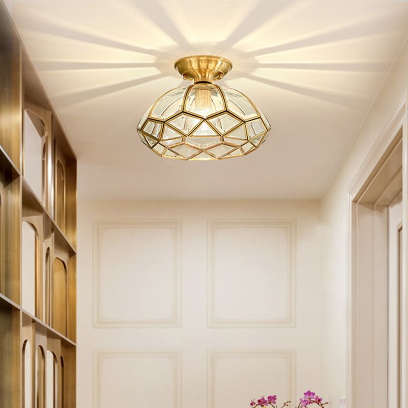Ceiling Mounted Fixture Classic Style Shaded Glass Close to Ceiling Lighting Fixture in Brass