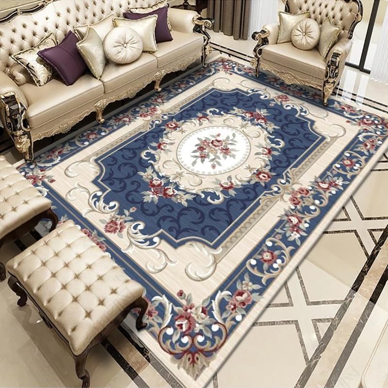 Navy Luxury Carpet Polyester Flower Carpet Non-Slip Backing Carpet for Home Decor