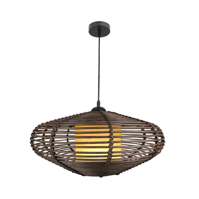 Fabric Cylindrical Pendant Lighting Asia 1 Light Coffee Drop Lamp with Oval Bamboo Cage
