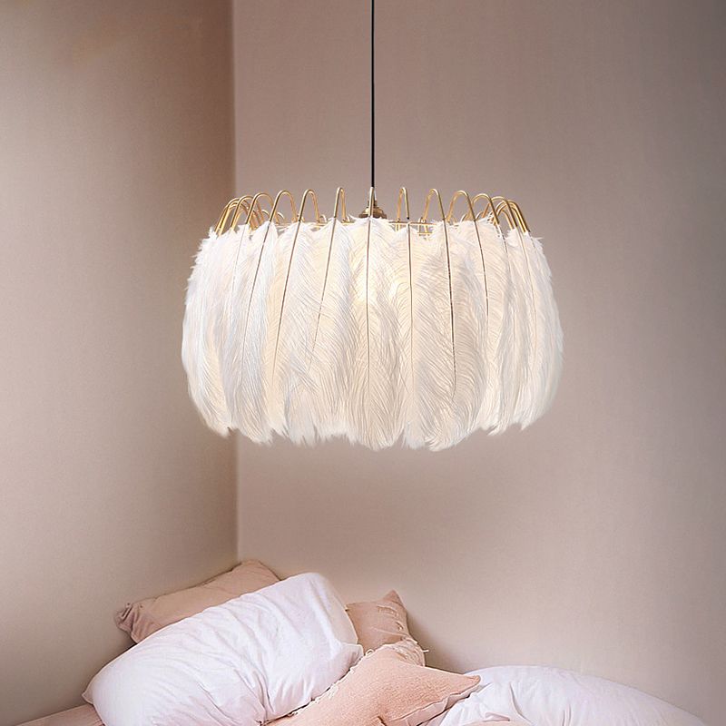 White Drum Pendant Lighting Fixture Modern Style Feather Suspension Pendant Light