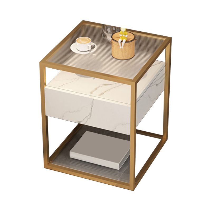 Square Glass/Stone Top End Table 21.26" Tall 1-Drawer Side Table with Storage Shelf