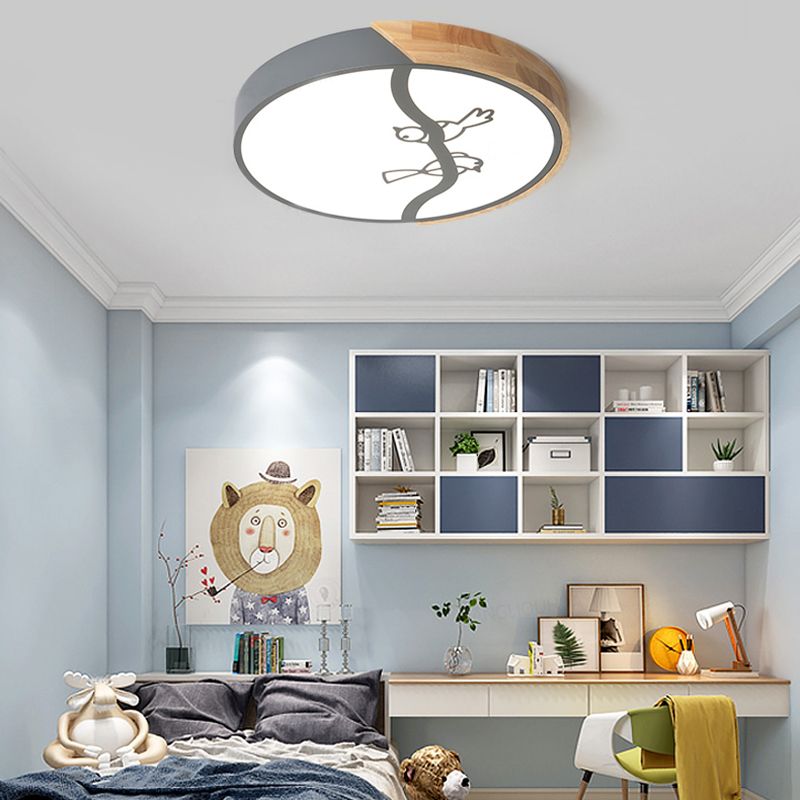 Plafonnier encastré en forme de cercle en bois, plafonnier LED gris/blanc de Style nordique avec abat-jour en acrylique et motif d'oiseau