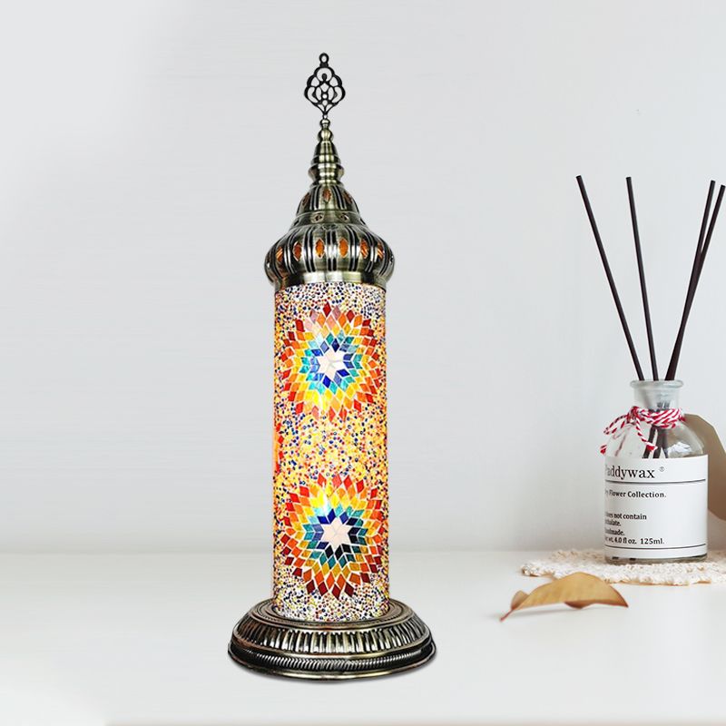 Lámpara de mesa de dormitorio de cilindro Vidroma manchado tradicional Amarillo/azul/LED de LED verde luz