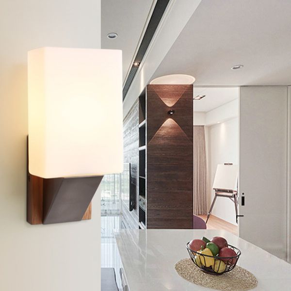 1 Light Wall Sconce Lamp Creative Modern Wood Glass Shade Wall Light for Stairs