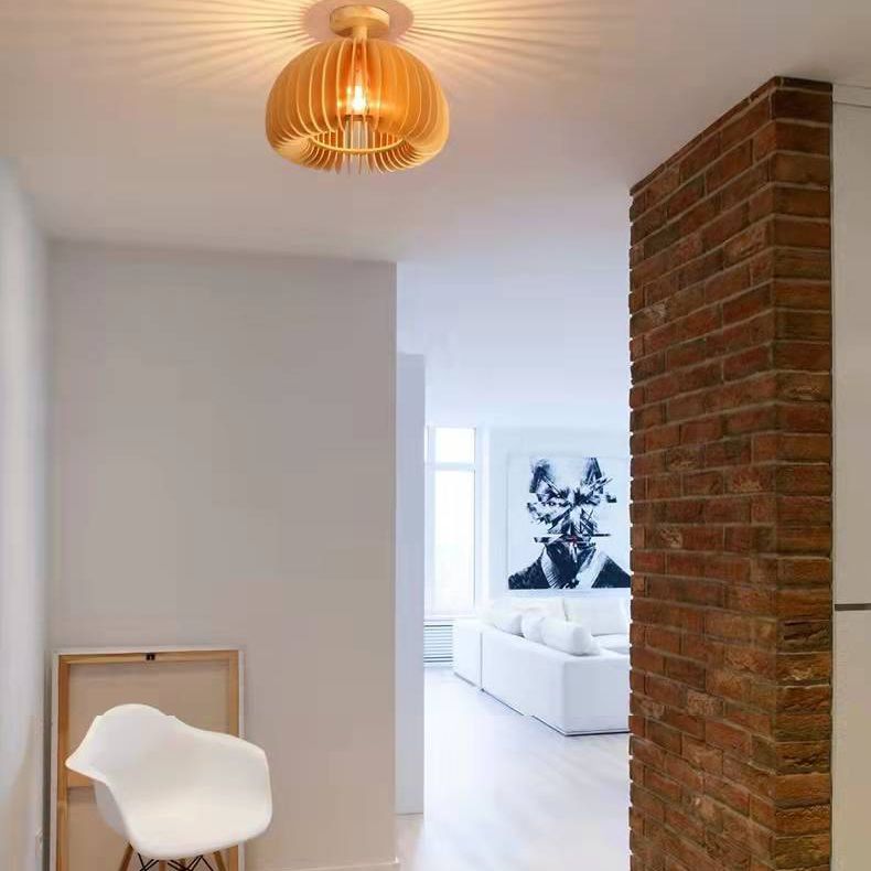 Modern Concise Flush Mount Wooden Pumpkin Ceiling Fixture for Interior Spaces