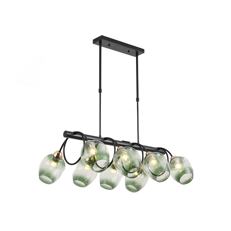 Wine Cup Island Light Modern Dimpled Blue/Green Ombre Glass 6/8/10-Head Black Suspended Lighting Fixture