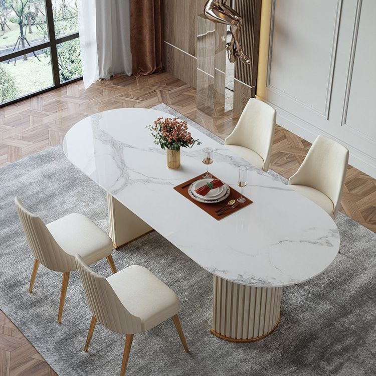 Mesa de comedor ovalada moderna de metal mesa de piedra sinterizada blanca con pedestal doble