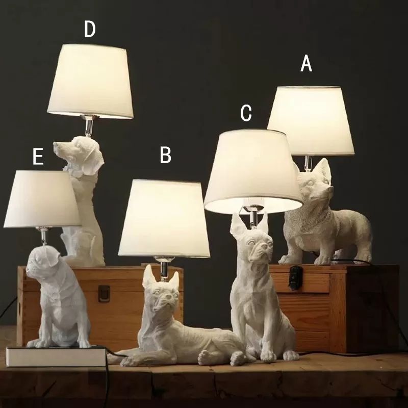 Dog Study Room Table Light with Fabric Shade Resin Single Bulb Modern Table Lamp in White