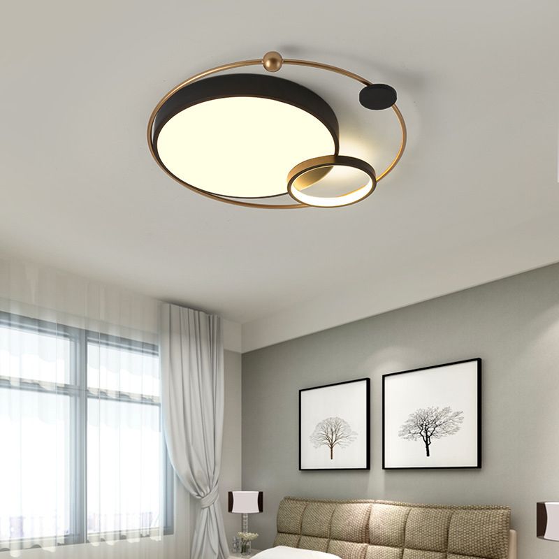 Round Shape Metal Flush Light Modern Style 2 Lights Flush Mount Ceiling Lights in Black
