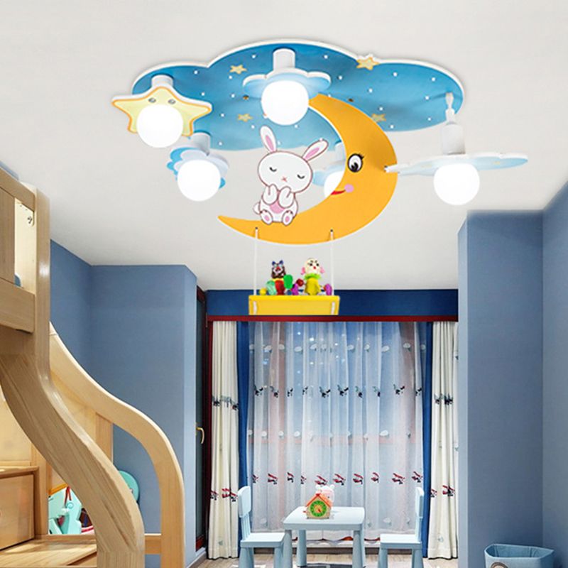 Plafonnier Blue Sky pour enfants, plafonnier en bois à 5 lumières de style créatif avec abat-jour en verre