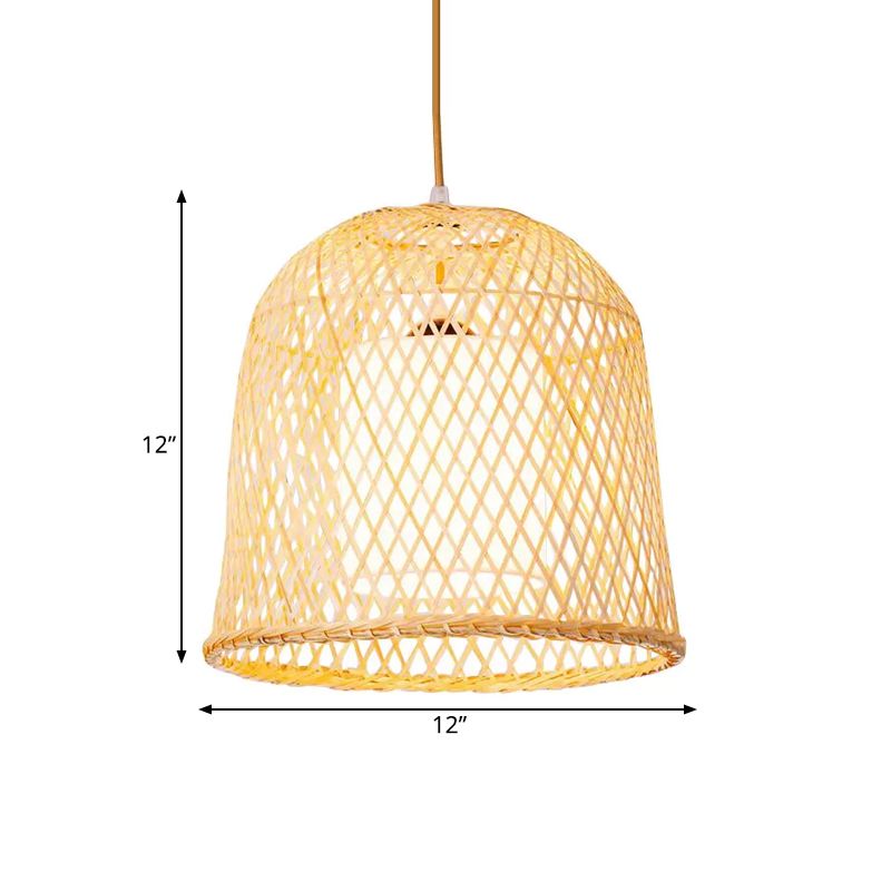 Tradición de iluminación colgante de campana bambú 1 kit de lámpara colgante de madera de bulbo con sombra de tela blanca interna