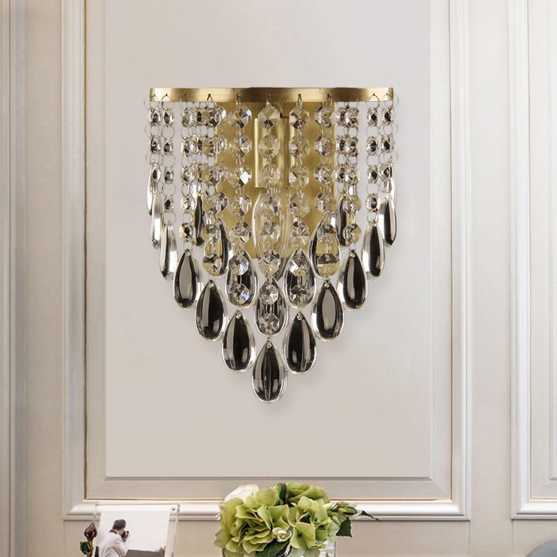 1-Bulb Crystal Raindrop Wall Lighting Idea Simple Brass Cone Living Room Sconce Light Fixture
