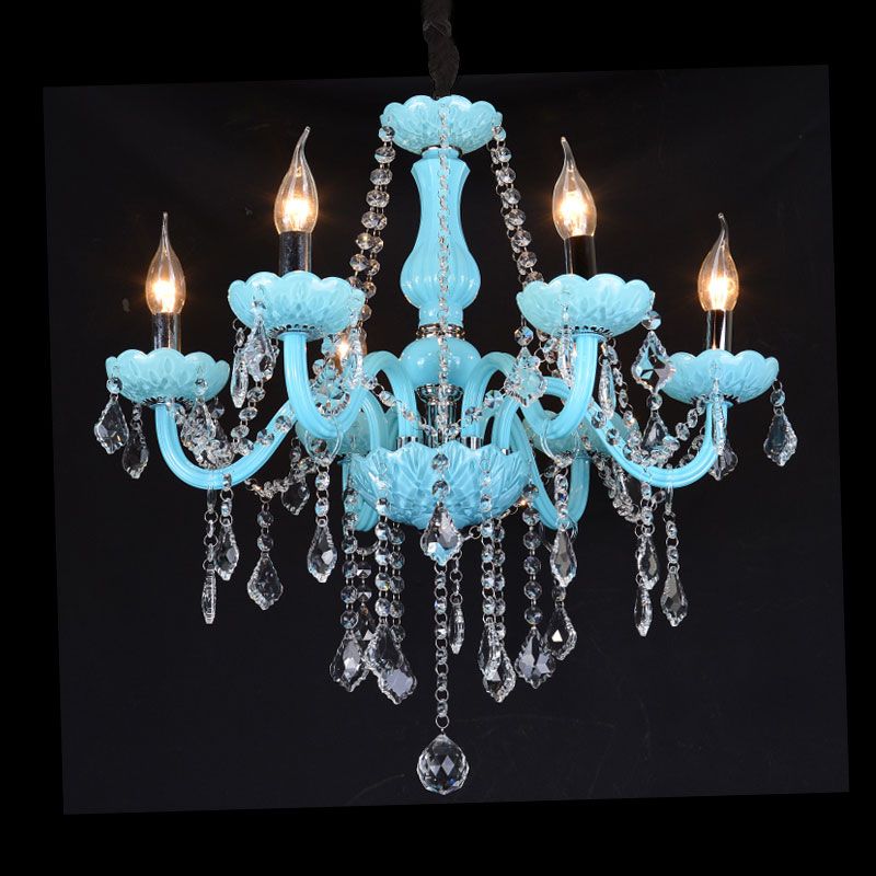 Blue Candle-Style Curved Arm Chandelier Clear Crystal Strands Ceiling Light