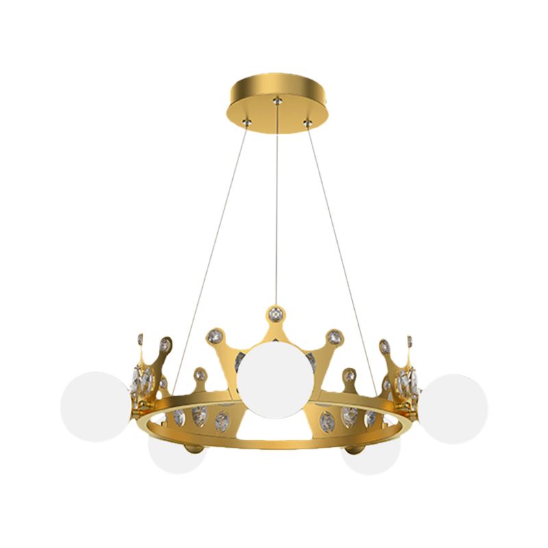 Metal Crown Chandelier Lamp Kids 5/8 Lights Hanging Light with Ball Frosted Glass Shade in Gold