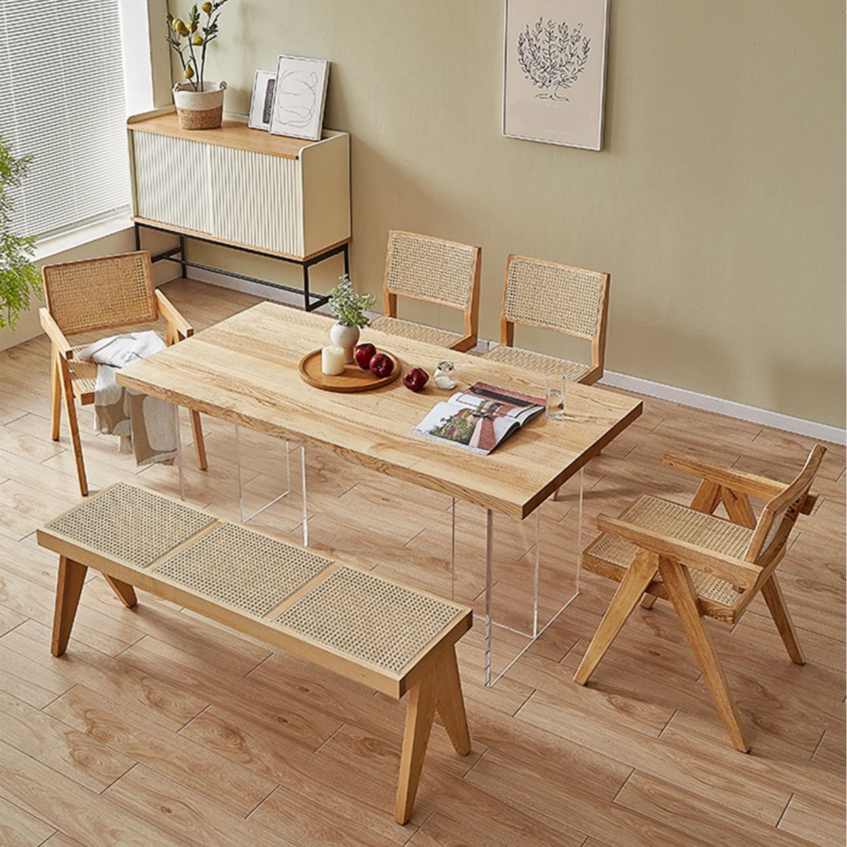 Modern Rectangle Dining Table Wood Table with Acrylic Legs for Kitchen