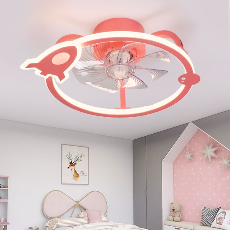 Circular Cartoon Ceiling Fan Light Fixture Children Bedroom LED Semi Flush Mount Lamp